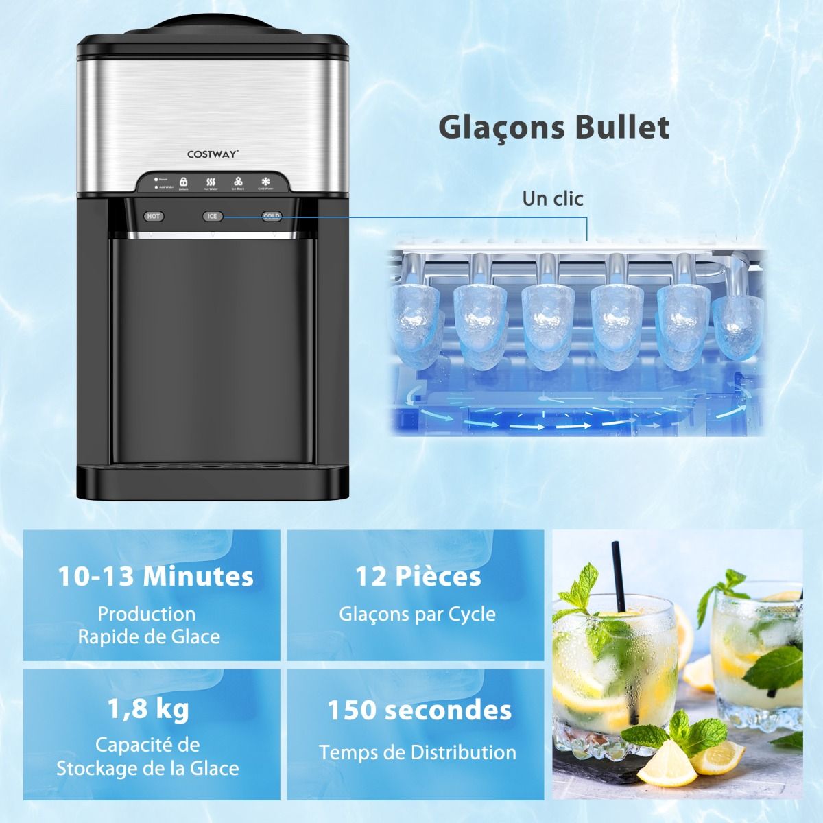 Machine à Glaçons 3 en 1 avec Distributeur d'Eau Froide/Chaude 20 kg en 24h Cube de Glace 6-13 min pour Maison Bureau Bar