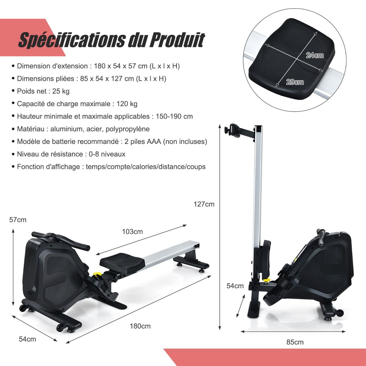 Rameur Magnétique Résistanceà 8 Niveaux Pliable 2 Roues Flexibles Rail Coulissant en Aluminium Ecran LCD Support d'Appareil