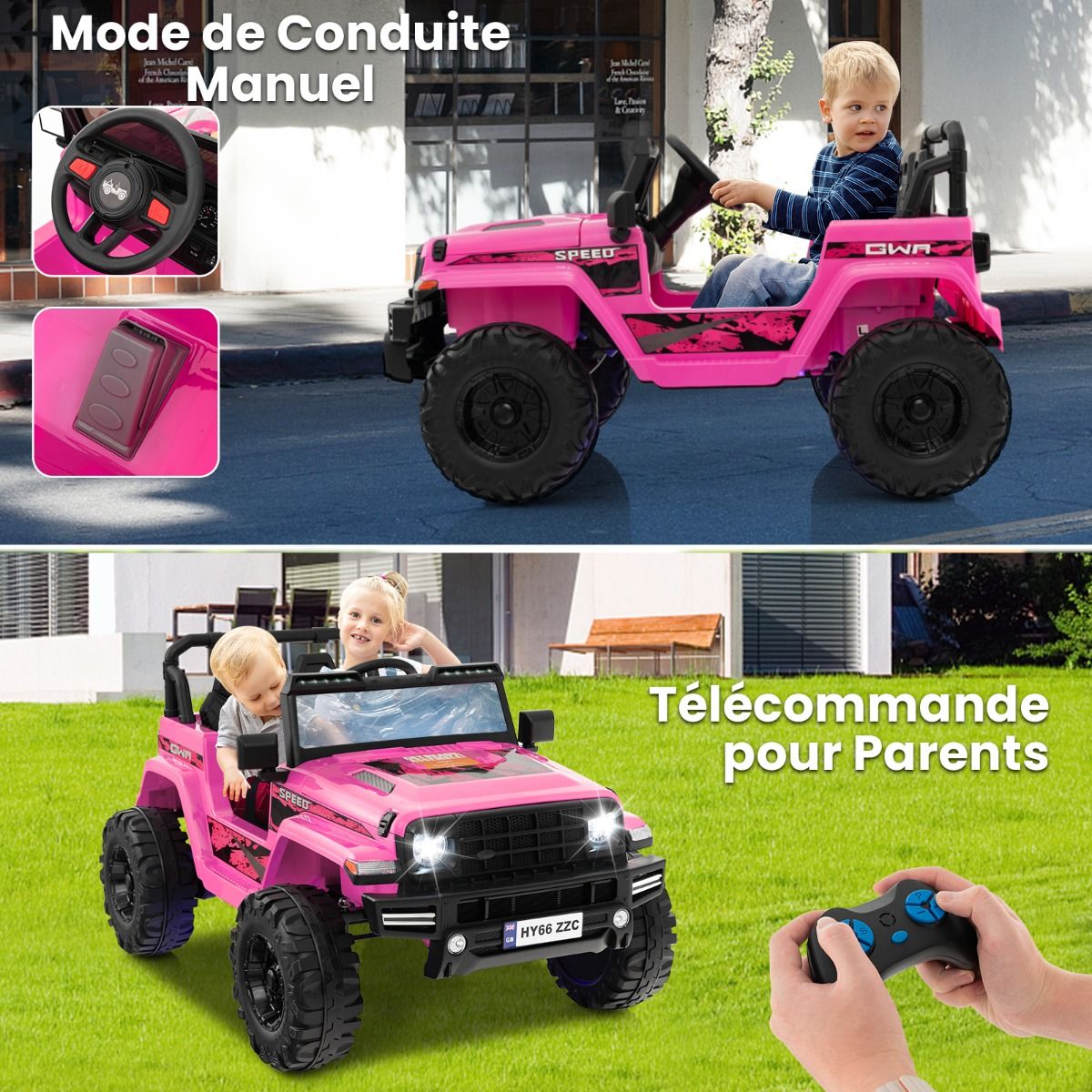 24V Voiture Électrique 2 Places Enfants avec Télécommande 2,4G Musique LED Démarrage Lent 2 Vitesses Charge 35kg pour 3-8 Ans+ Rouge/Rose/Vert