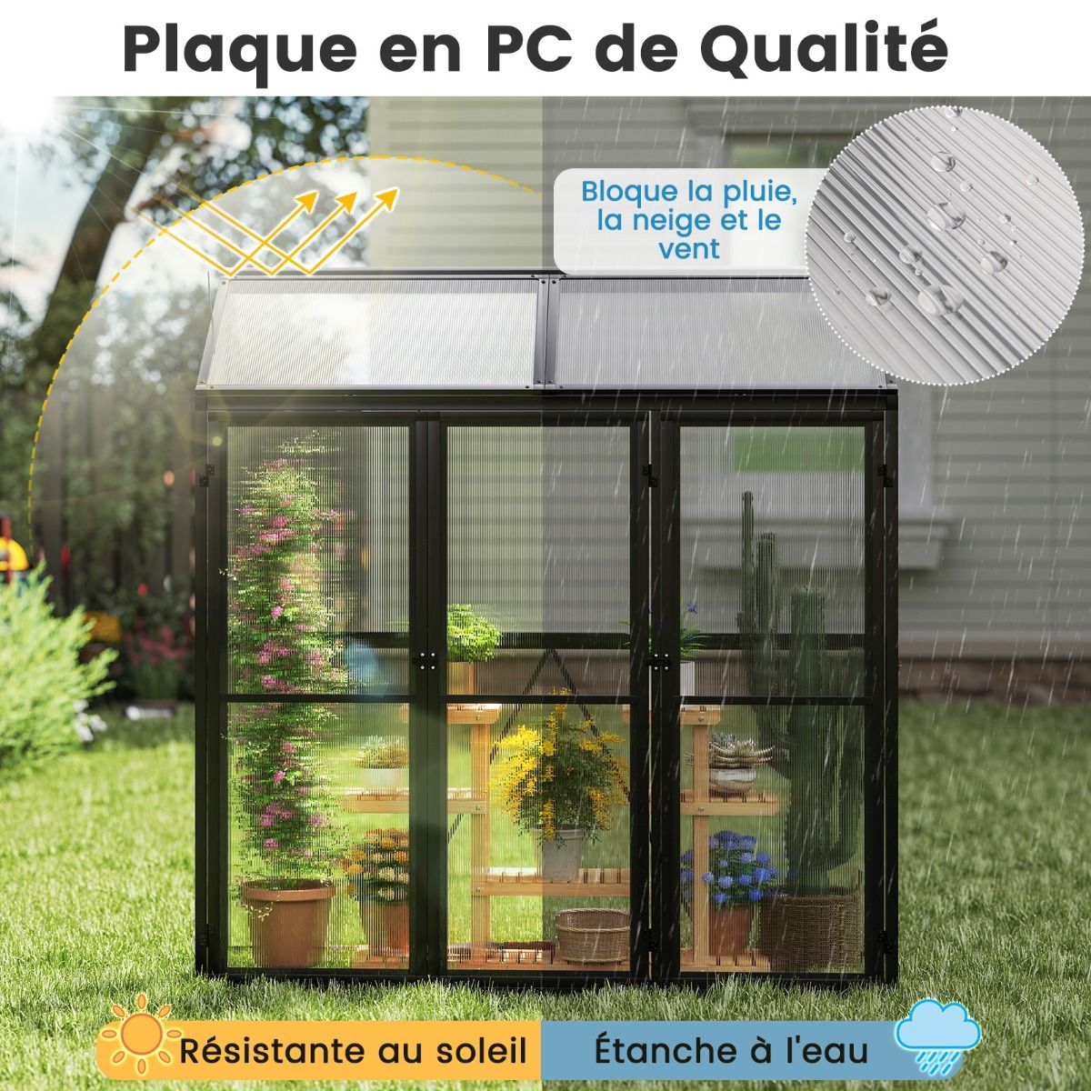 Serre de Jardin Extérieure en Aluminium Serre Mini Walk-in avec Lucarne et 3 Portes Fermables Plaques PC Résistantes au Soleil Noir