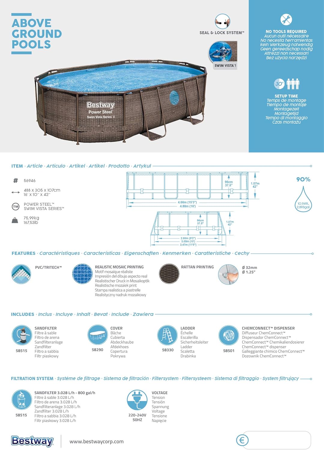 Bestway 56946 Piscine Power Steel™ Swim Vista ovale 488 x 305 x 107 cm motif rotin avec hublots, filtration à sable, échelle, bâche et diffuseur Chemconnect™