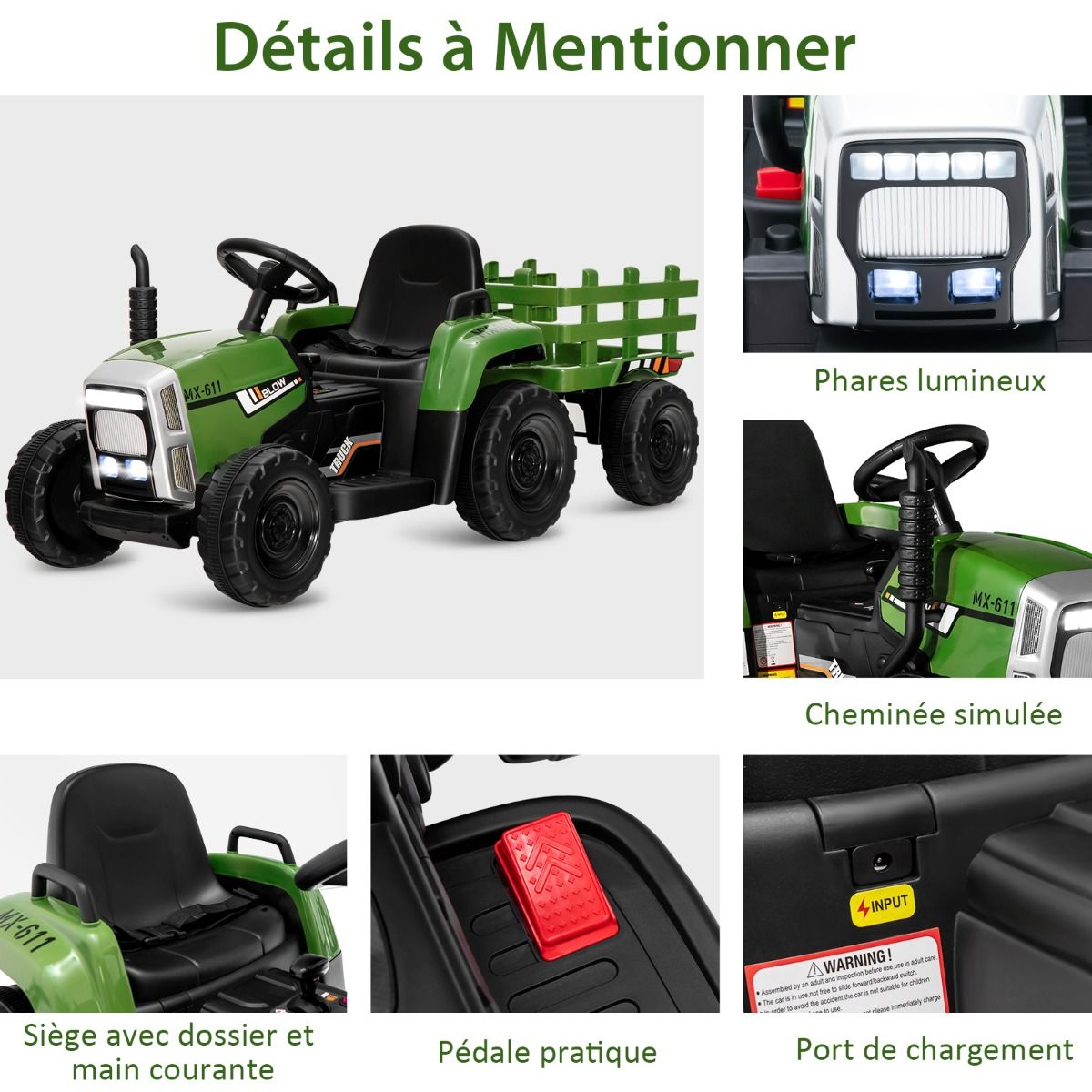 Tracteur Electrique avec Remorque pour Enfants 3 Vitesses Lumières LED Fonctions Audio USB et Bluetooth Jaune/Rose/Rouge/Vert/Vert Foncé/Noir