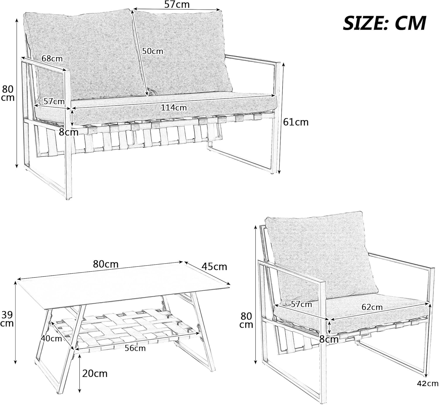 Zepneiy Salon de Jardin, Salon de Jardin 4 Personnes, avec canapé, Table Basse et Coussins, Housse en Tissu déhoussable et Lavable, Noir (Coussins d'assise Inclus)