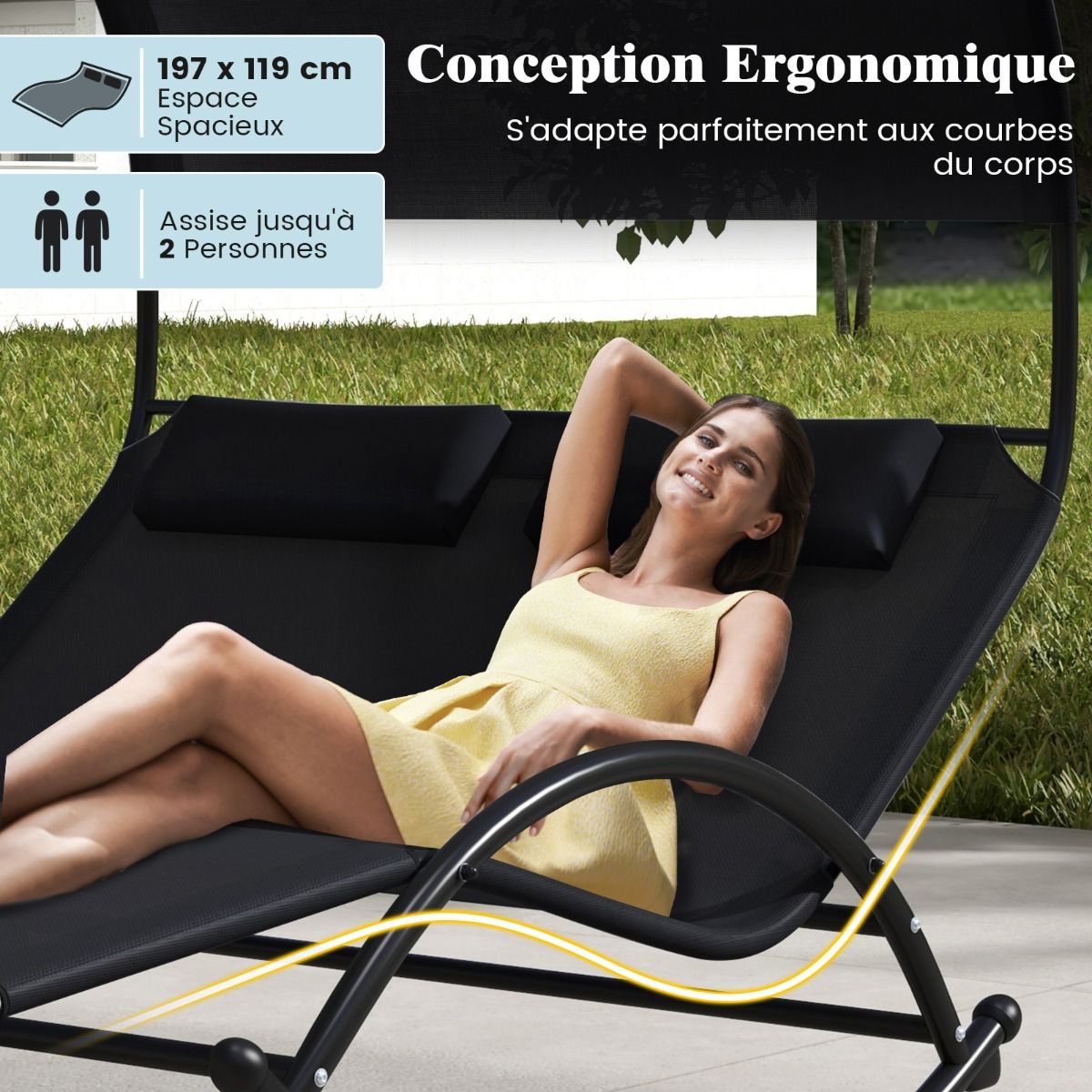 Chaise Longue Double Chaise à Bascule pour 2 Personnes 2 Appui-Têtes Amovibles Cadre en Métal Robuste Lit de Repos Ergonomique 2 Places Gris/Noir/Beige