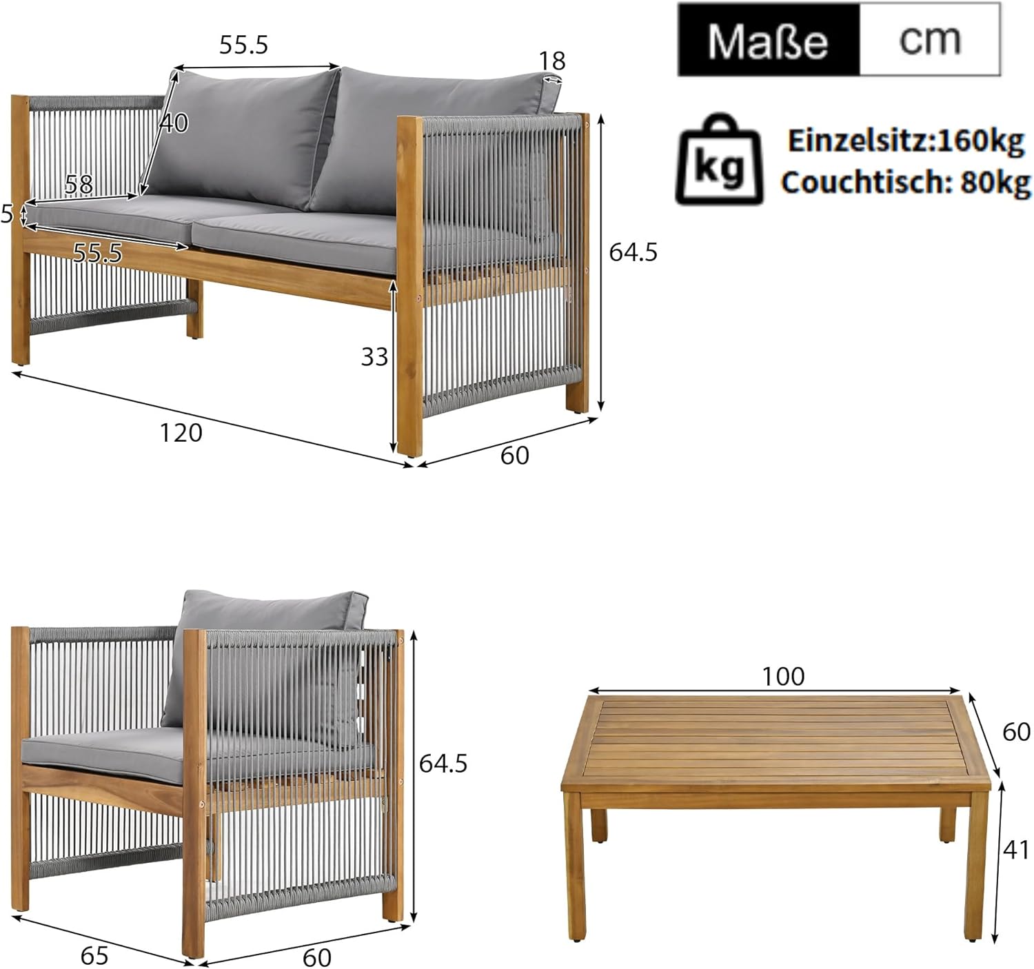 Zepneiy Salon de Jardin, Salon de Jardin 4 Personnes, avec canapé, Table Basse et Coussins, Housse en Tissu déhoussable et Lavable, Noir (Coussins d'assise Inclus)