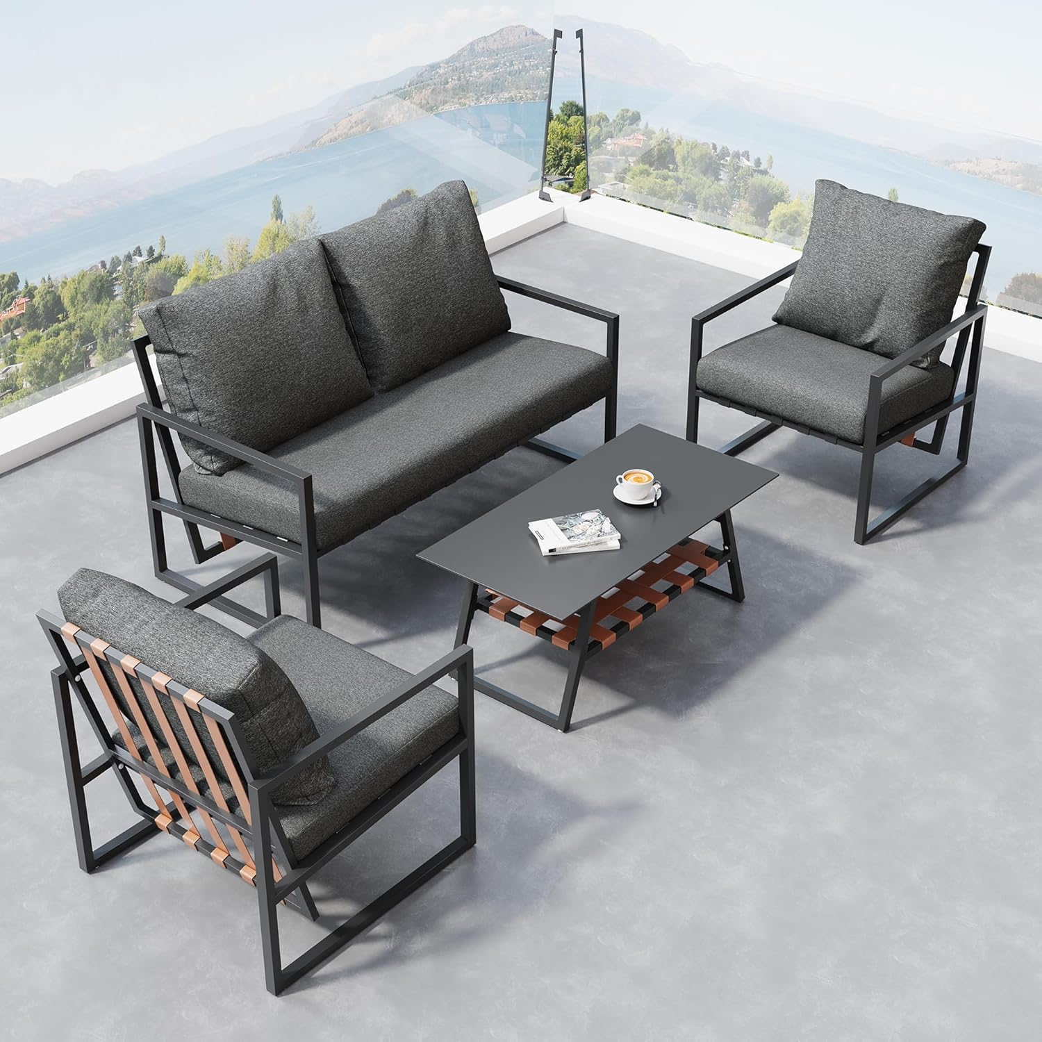 Zepneiy Salon de Jardin, Salon de Jardin 4 Personnes, avec canapé, Table Basse et Coussins, Housse en Tissu déhoussable et Lavable, Noir (Coussins d'assise Inclus)