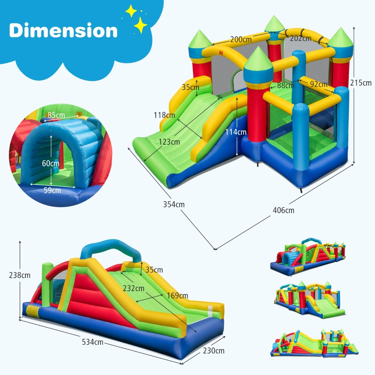 Château Gonflable pour 4 Enfants avec 2 Toboggans Tunnels Zone de Rebond Escalade Obstacles Maison de Jeu avec Souffleur de 680 W