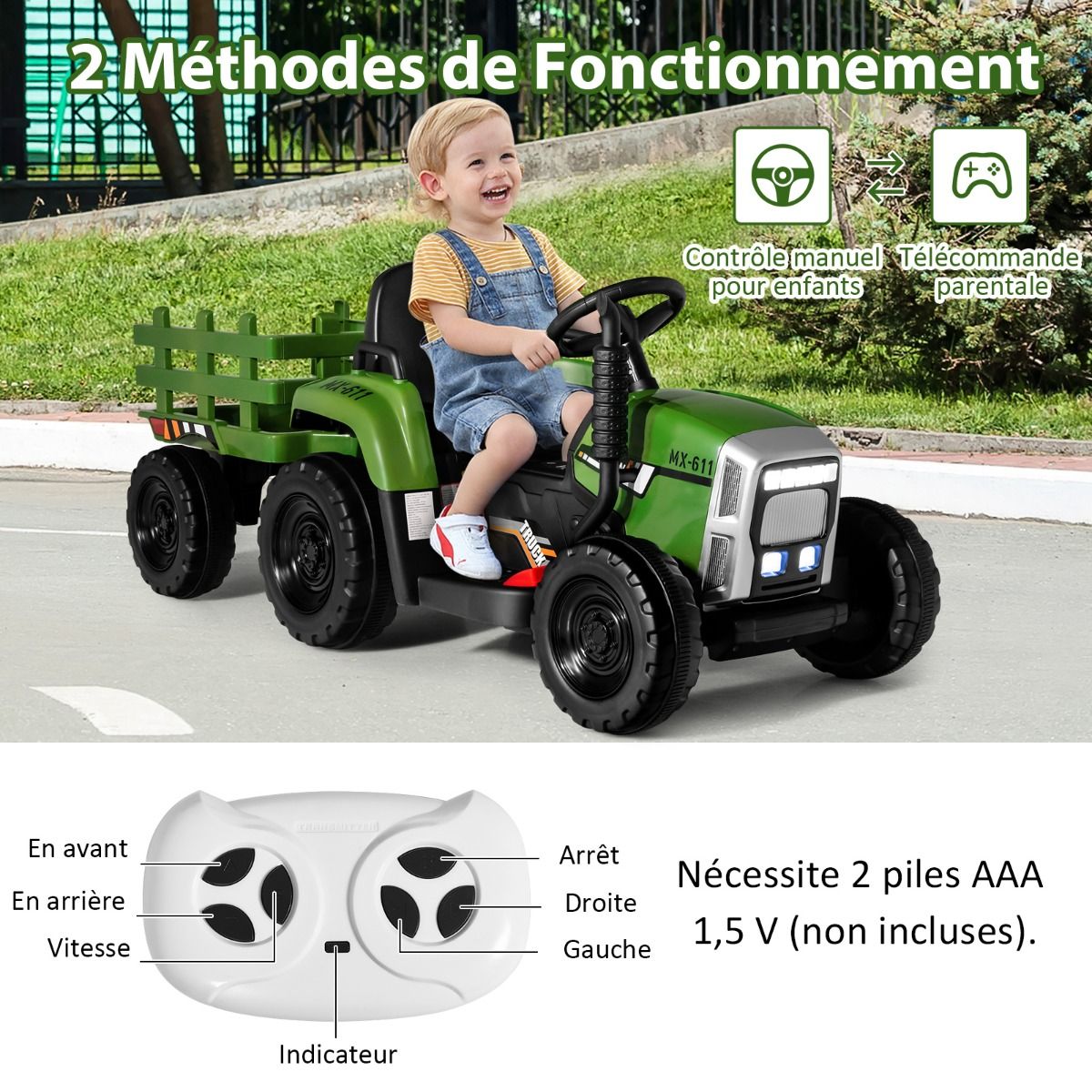 Tracteur Electrique avec Remorque pour Enfants 3 Vitesses Lumières LED Fonctions Audio USB et Bluetooth Jaune/Rose/Rouge/Vert/Vert Foncé/Noir