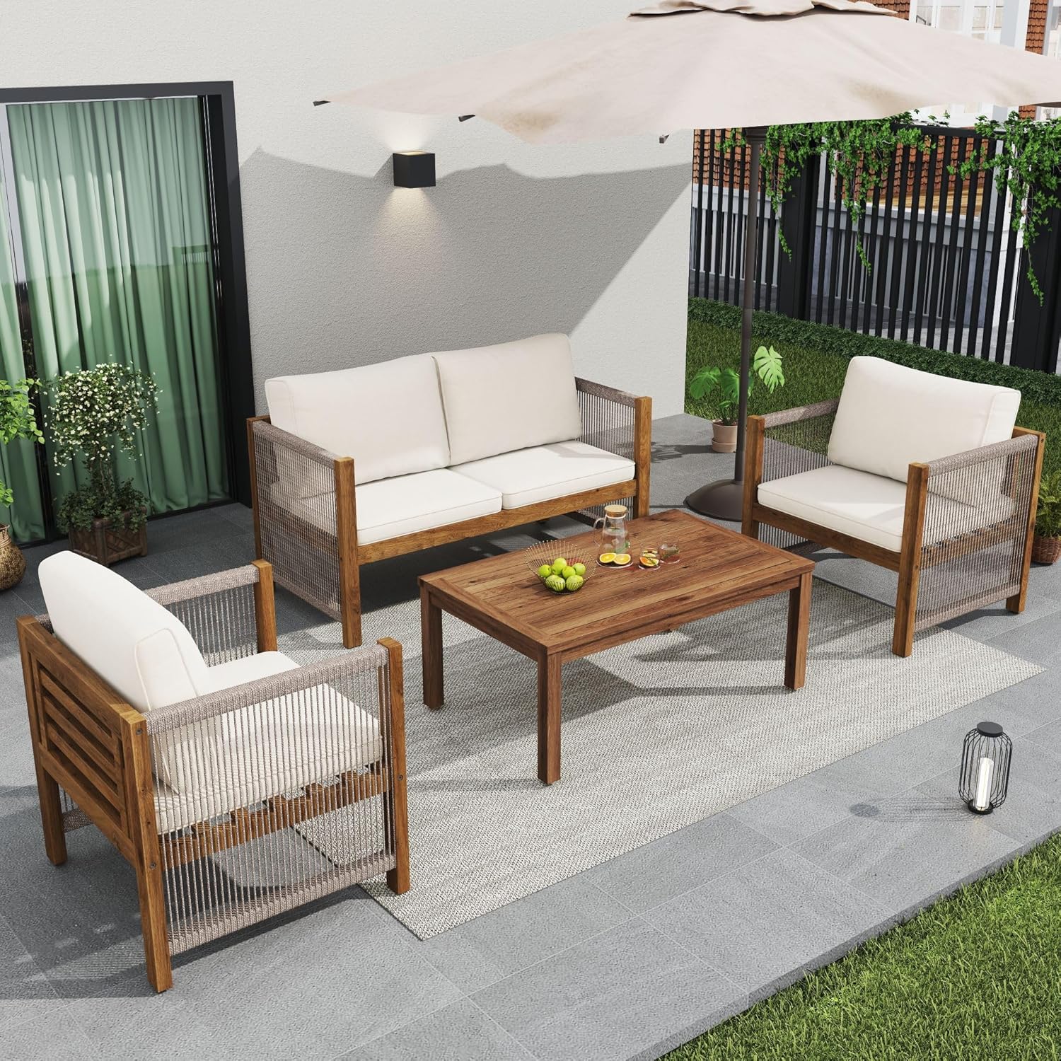 Zepneiy Salon de Jardin, Salon de Jardin 4 Personnes, avec canapé, Table Basse et Coussins, Housse en Tissu déhoussable et Lavable, Noir (Coussins d'assise Inclus)