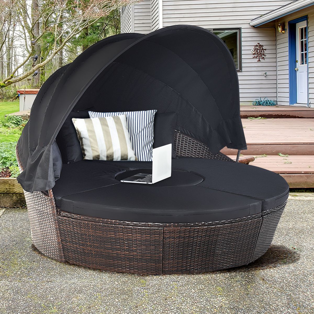 Lit de Jardin Rond d'Exterieur Table Relevable Modulable & Convertible - Pare Soleil Réglable rotin PE Coussins Inclus  Noir