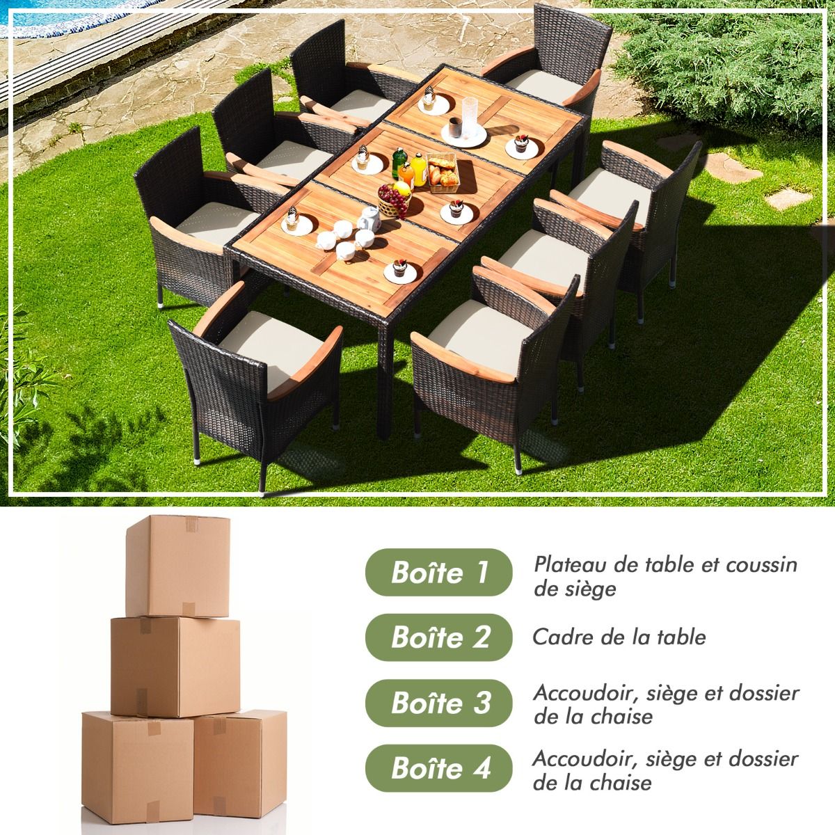 Salon de Jardin en Rotin 9 Pièces pour 8 Personnes Plateau de Table en Acacia Ensemble de Salle à Manger avec Coussins Amovibles Charge 160KG