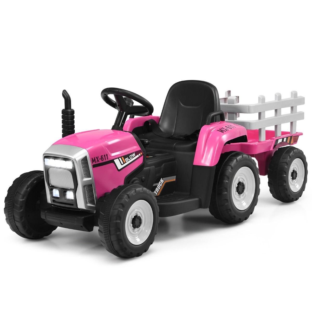 Tracteur Electrique avec Remorque pour Enfants 3 Vitesses Lumières LED Fonctions Audio USB et Bluetooth Jaune/Rose/Rouge/Vert/Vert Foncé/Noir