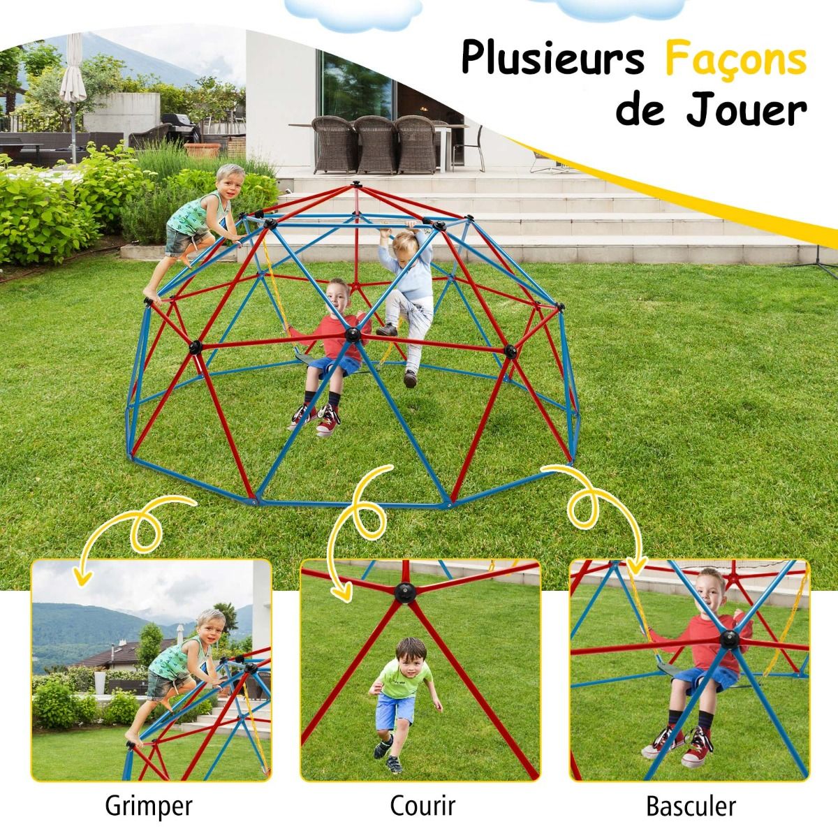 Dôme d'Escalade de 305cm avec Balançoire Cage d'Escalade en Métal Charge Max 363 kg Intérieur Extérieur pour Enfants de 3-10 Ans Jaune/Rouge