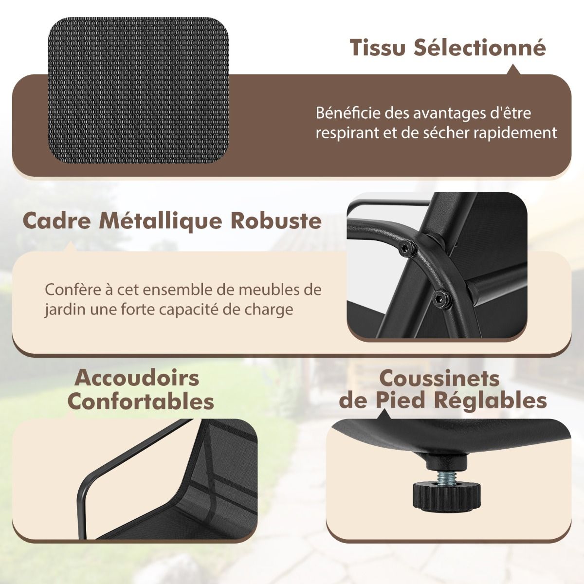 Salon de Jardin 4 Pièces avec 2 Chaises Table en Verre Trempé et Causeuse Meuble Extérieur en Tissu Respirant Cadre Métallique Noir