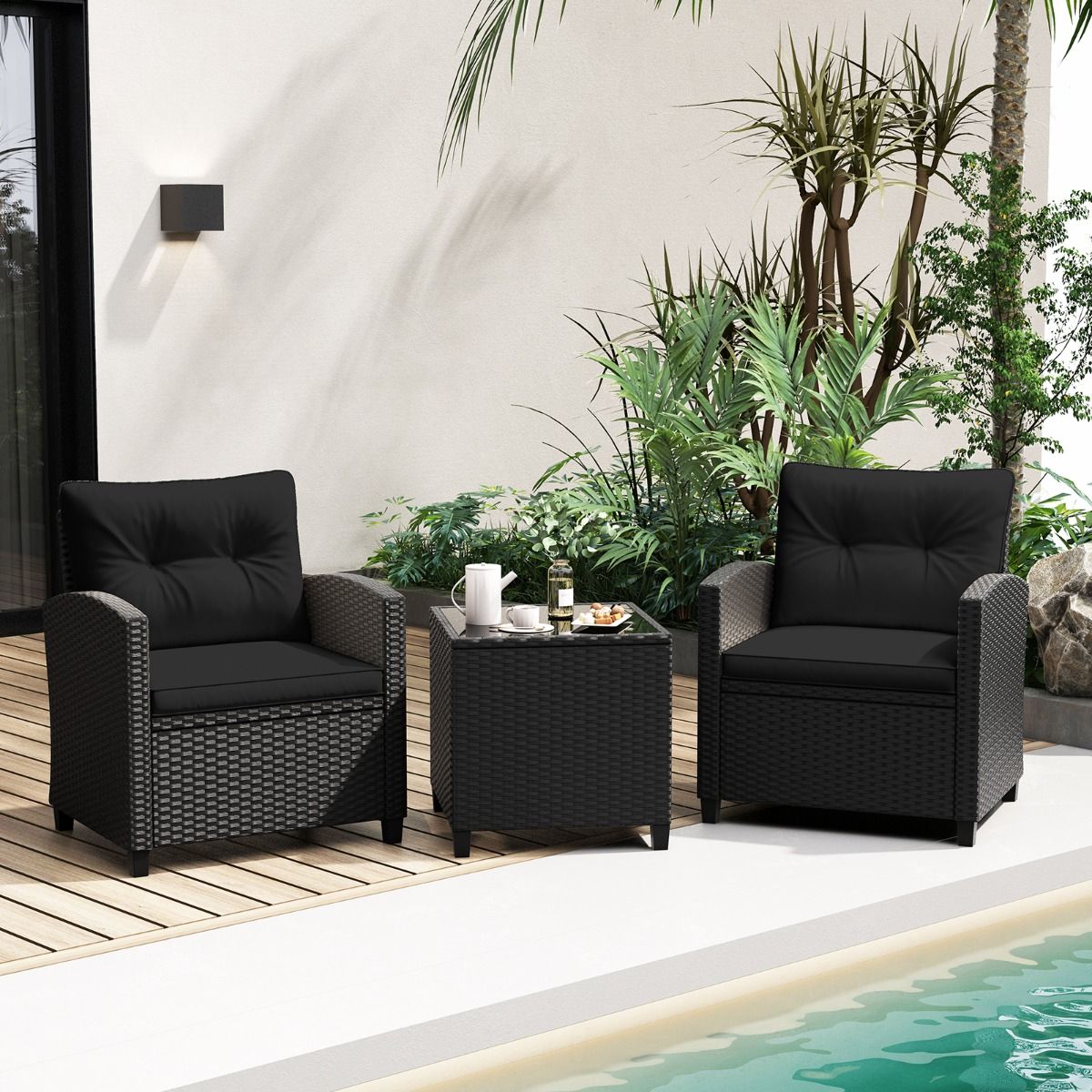 Ensemble de Meubles 3 Pièces de Patio en Rotin Charge 180KG Salon de Jardin 2 Fauteuils Table Basse avec Plateau Noir/Beige/Blanc