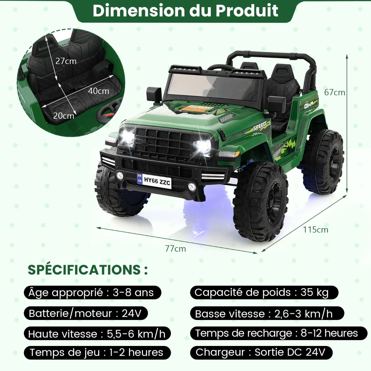 24V Voiture Électrique 2 Places Enfants avec Télécommande 2,4G Musique LED Démarrage Lent 2 Vitesses Charge 35kg pour 3-8 Ans+ Rouge/Rose/Vert