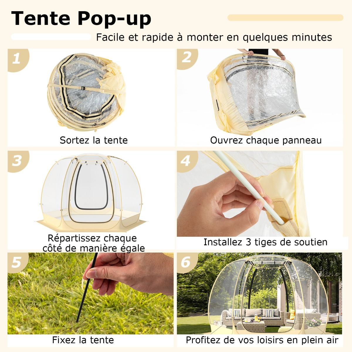 Tente Bulle à Ouverture Instantanée pour 6 à 10 Personnes Tente Dôme d'Extérieur 328 x 328 cm Résistante Aux Intempéries Transparent