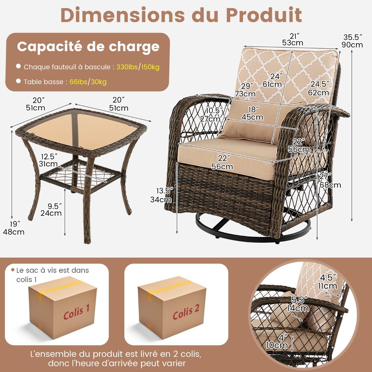Salon de Jardin Extérieur 3PCS - 2 en Fauteuils à Bascule Pivotant à 360°Rotin PE Cadre Métal our Terrasse Balcon