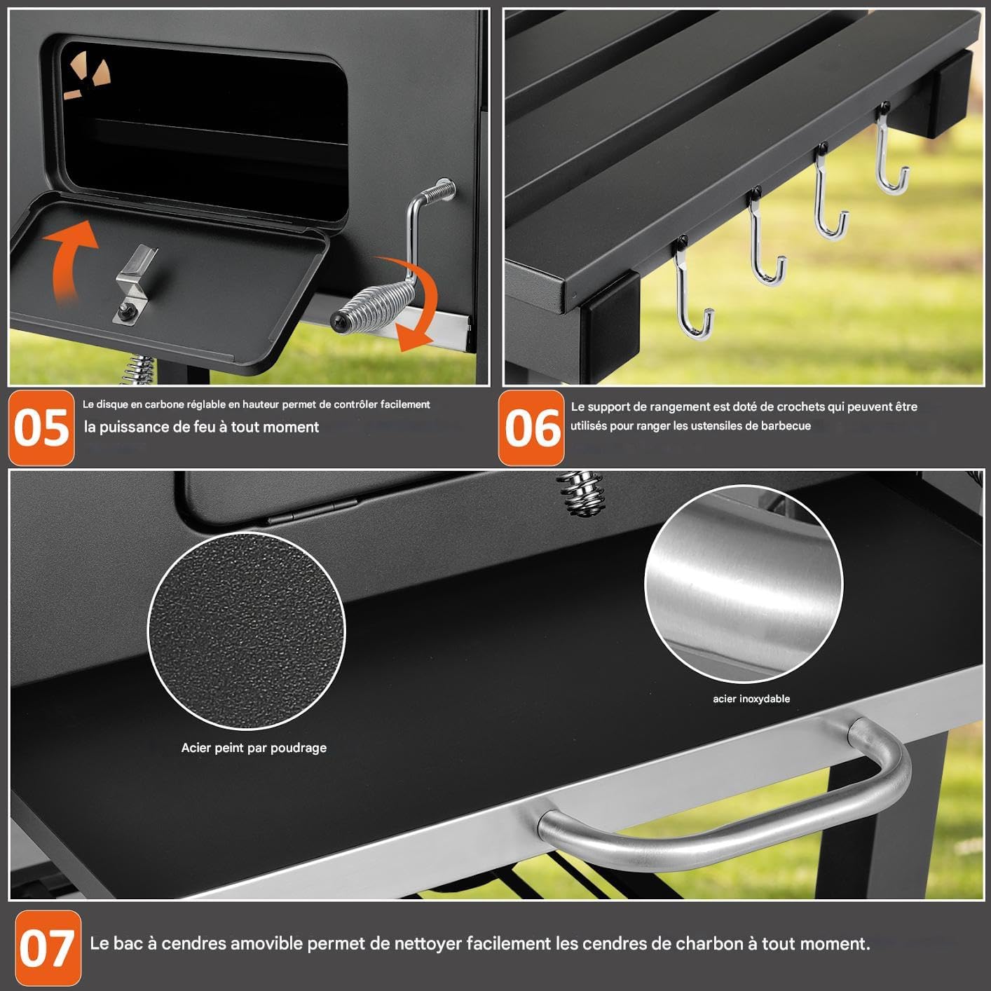 Barbecue Charbon de Bois XL, Chariot à Barbecue, Grill XL à Charbon avec Couvercle, Roues et Thermomètre, Réglable en Hauteur, Grand Barbecue au Charbon de Bois, pour Camping et Jardin, Noir