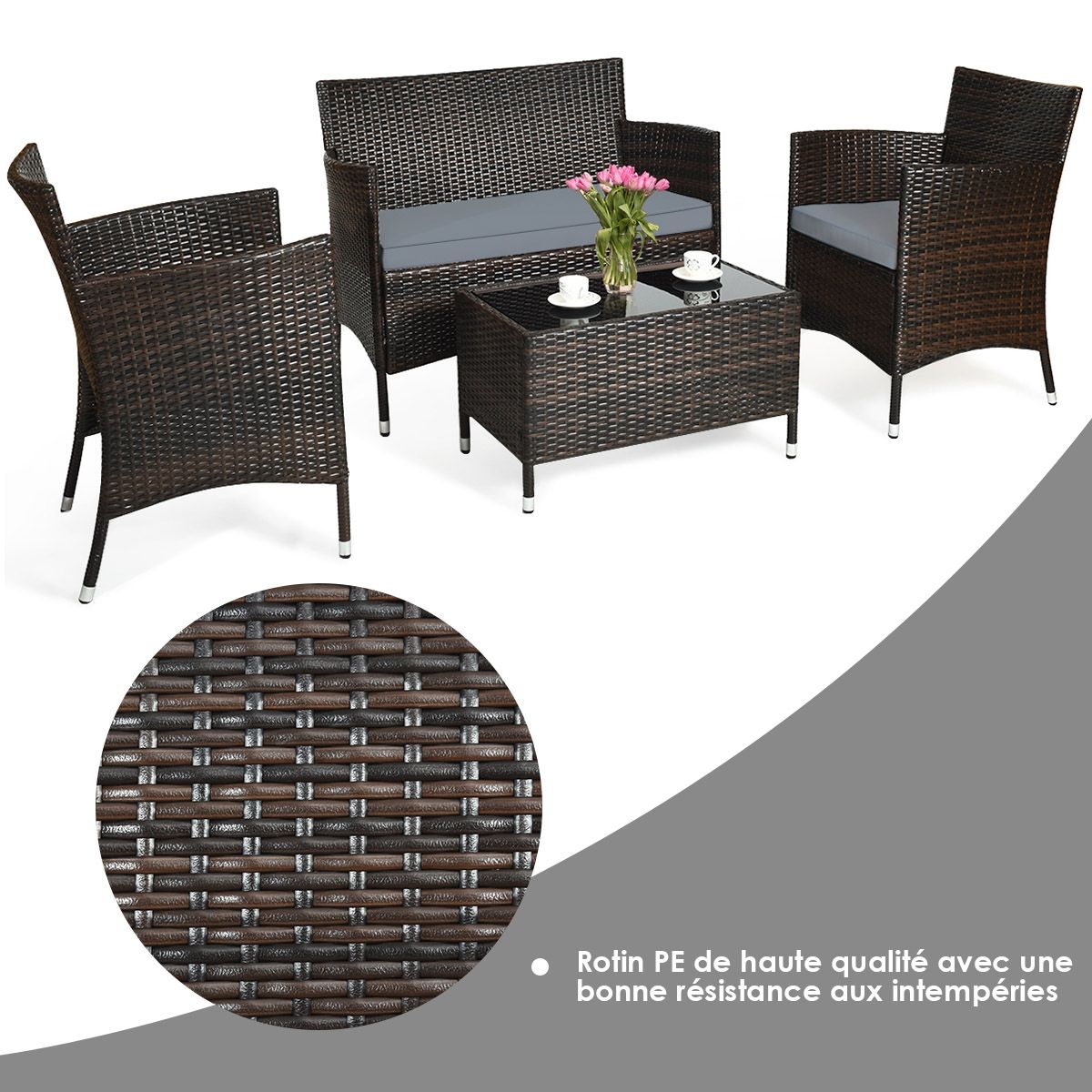 Salon de Jardin 4 PCS Mobilier de Terrasse en Rotin PE pour Véranda Patio Terrasse Piscine Marron et Gris