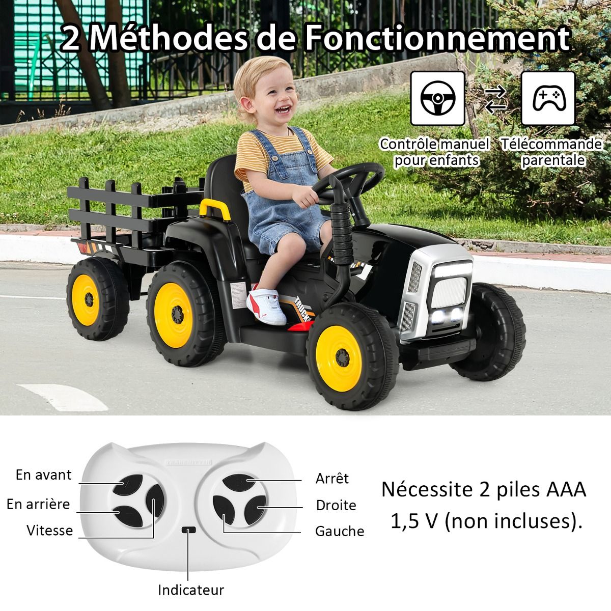 Tracteur Electrique avec Remorque pour Enfants 3 Vitesses Lumières LED Fonctions Audio USB et Bluetooth Jaune/Rose/Rouge/Vert/Vert Foncé/Noir
