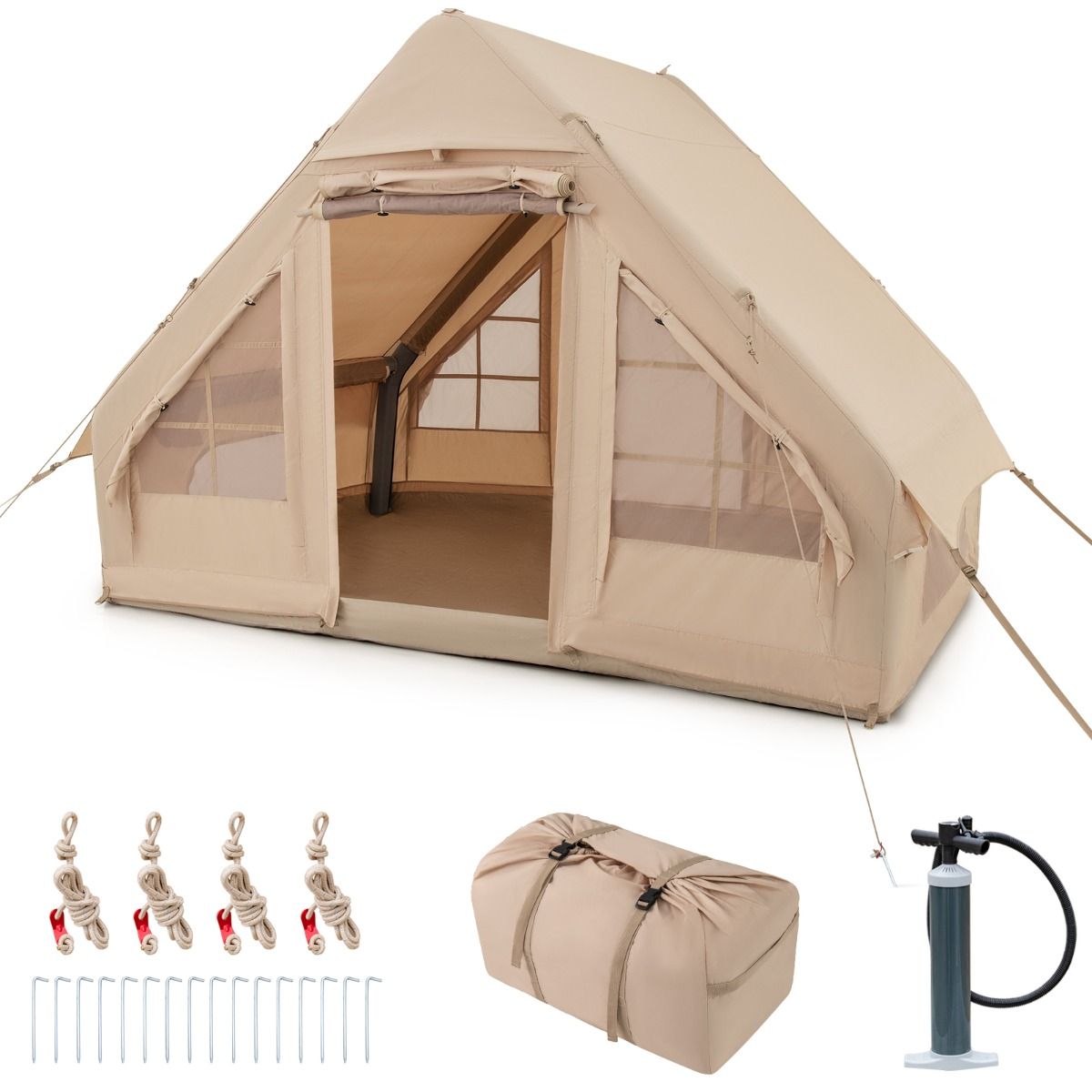 Tente de Camping Gonflable 6 m² pour 4-6 Personnes Tente en Coton Coupe-vent et Imperméable avec Pompe 7 Fenêtres à Moustiquaire Beige