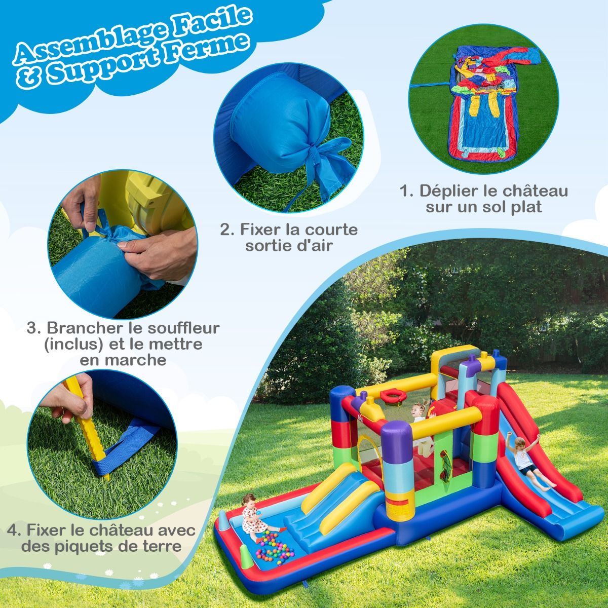 Château Gonflable Maison Rebondissante Gonflable avec Souffleur de 680W Toboggan et Zone de Saut Maison de Jeu Gonflable pour 3 - 10 Ans