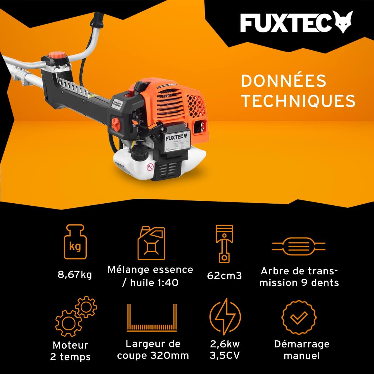 Fuxtec Débroussailleuse Thermique Professionnelle FX-PS152 52 cm3 3CV Système Anti Vibration - 2 en 1 Coupe-Bordure avec Tête de Coupe Double Fil et Lame 3 Dents Modèle Conçu pour Les Pros