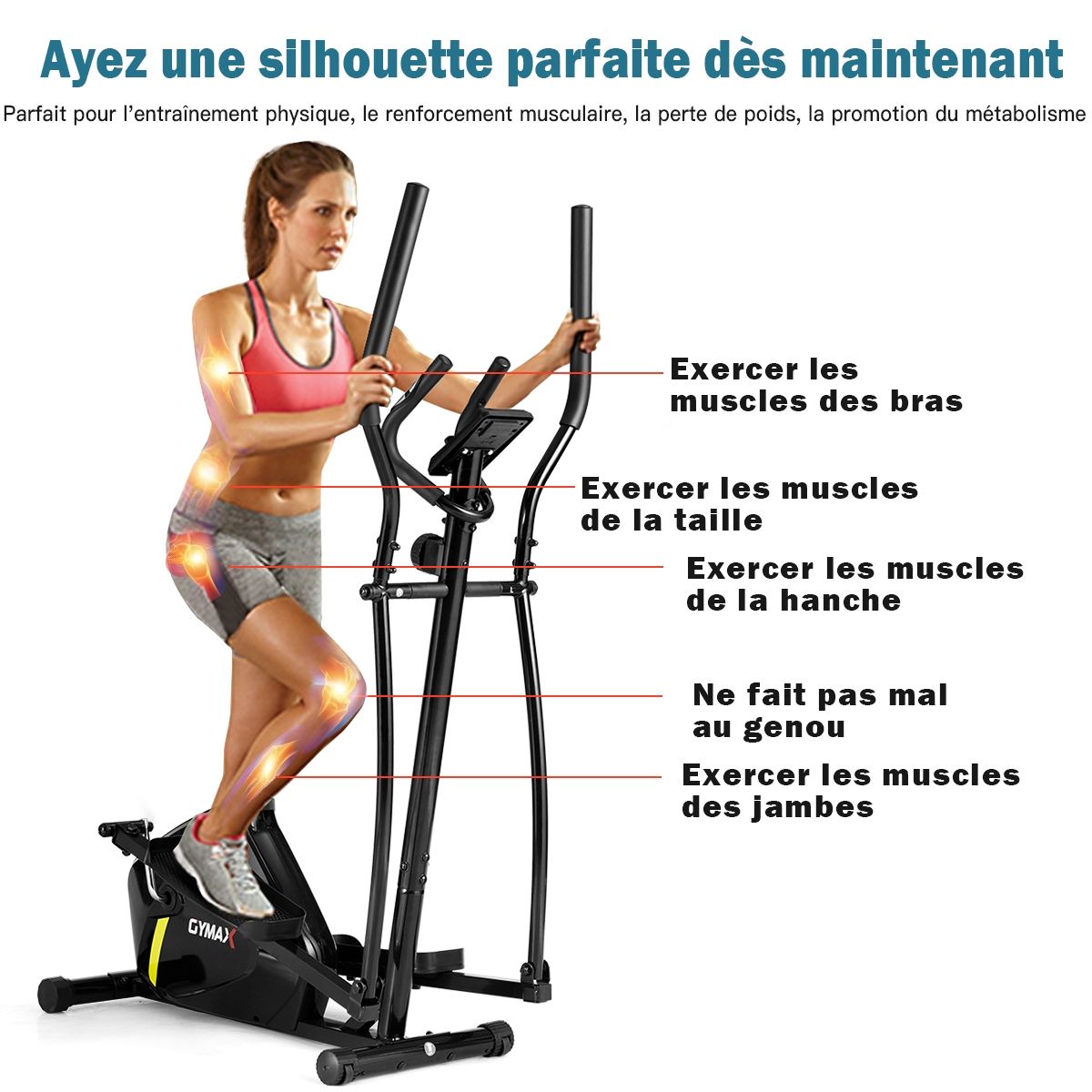 Vélo Elliptique avec 8 Niveaux de Résistance-Masse d'Inertie 2 kg Pouls à la Main Affichage LCD
