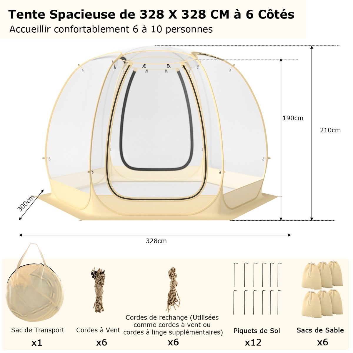 Tente Bulle à Ouverture Instantanée pour 6 à 10 Personnes Tente Dôme d'Extérieur 328 x 328 cm Résistante Aux Intempéries Transparent