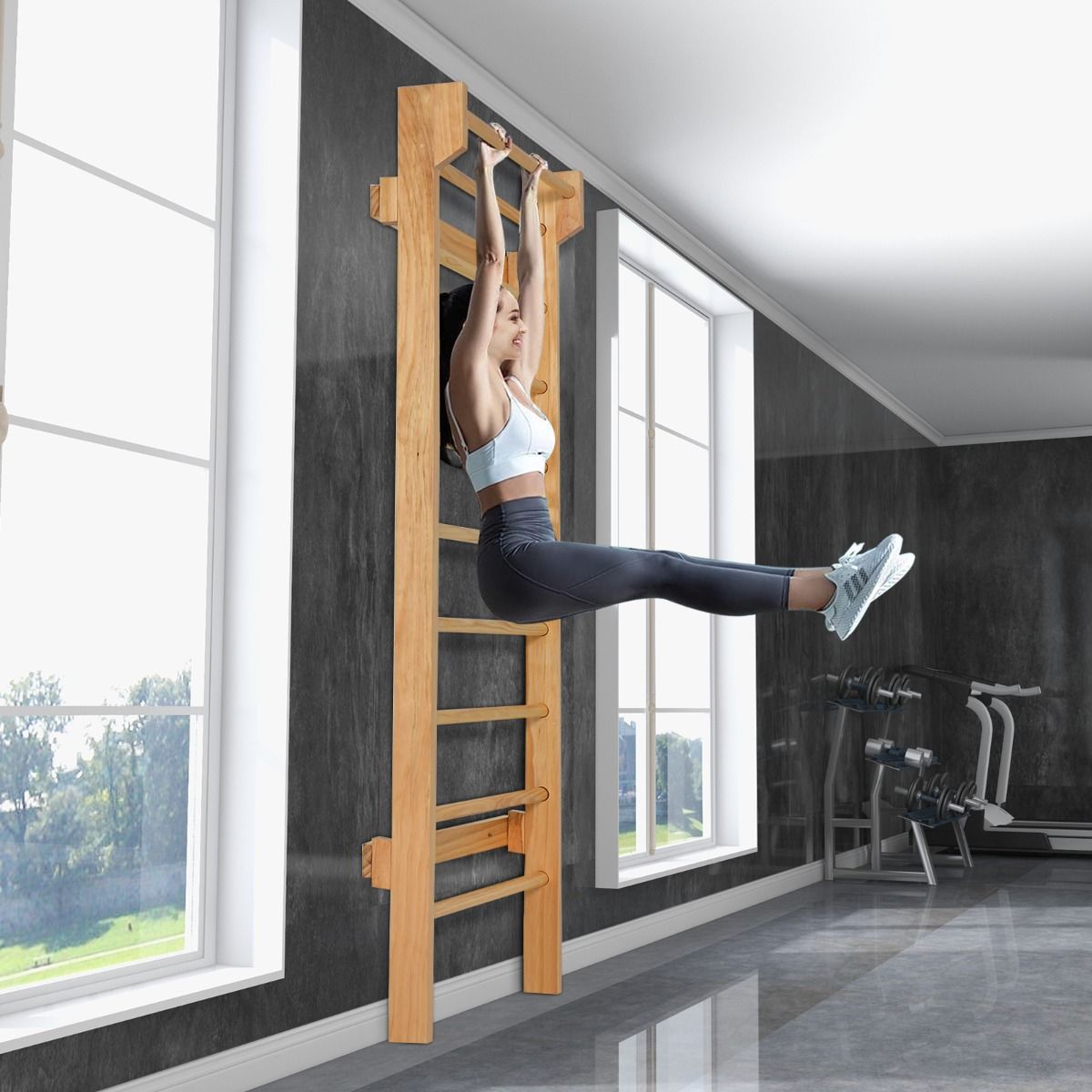Espalier Mural Espalier de Gymnastique Capacité 150 kg Diamètre Barre 3,3 cm en Bois de Pin 195x80x14cm Naturel