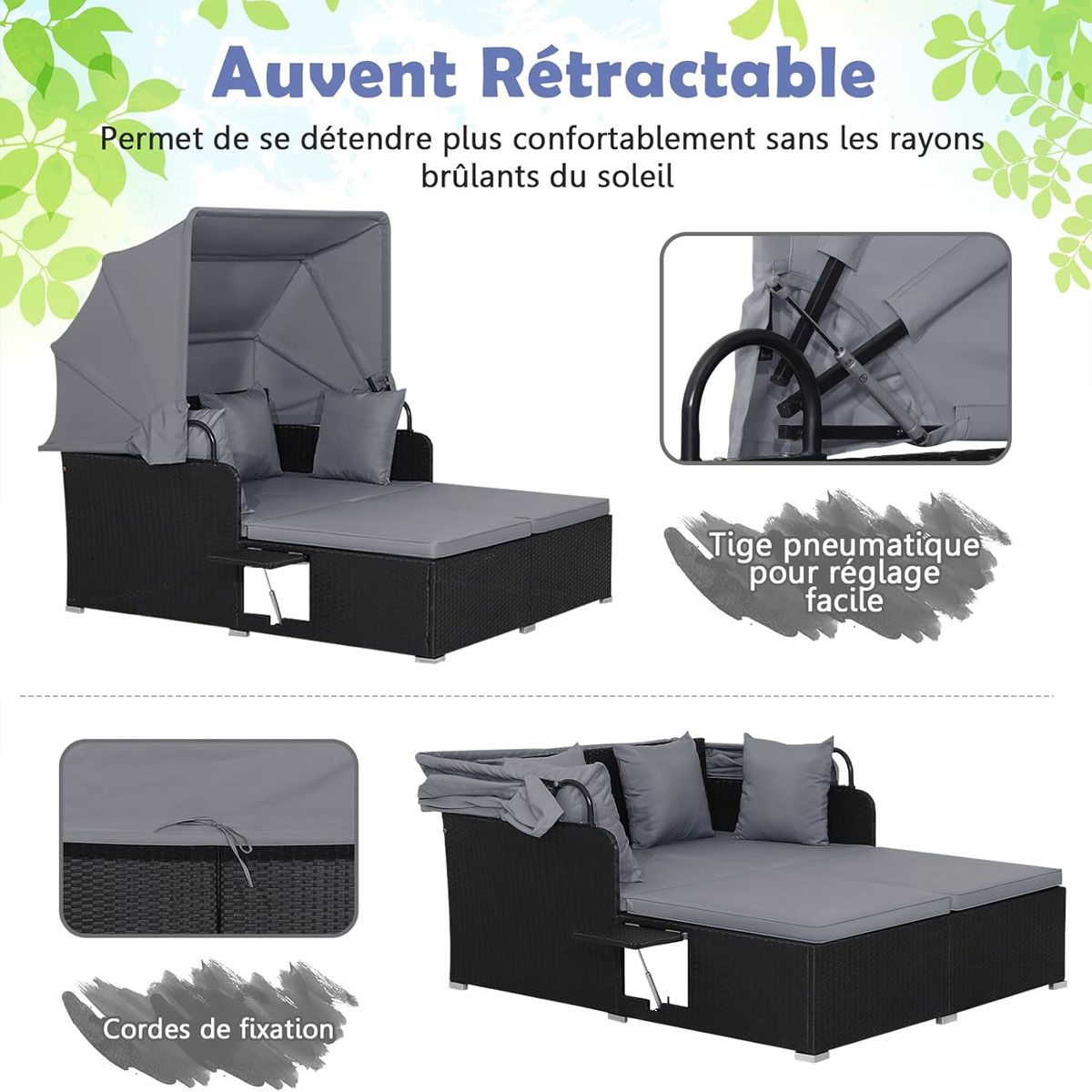 Chaise Longue à 2 Places en Rotin avec Auvent Rétractable Bain de Soleil avec Panneaux Latéraux Pliables Charge 360KG Beige/Gris