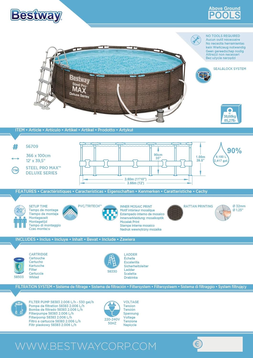 Bestway Power Steel Deluxe Piscine tubulaire ronde avec cadre en acier solide Kit complet Aspect rotin 366 x 100 cm, Marron