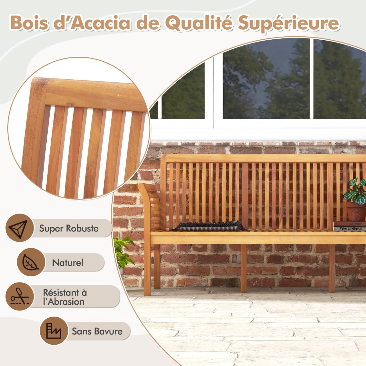 Banc de Terrasse en Bois 3 Places Banc en Acacia de 159 cm de Long avec Coussins d'Assise Doux Dossier et Accoudoirs Ergonomiques Blanc