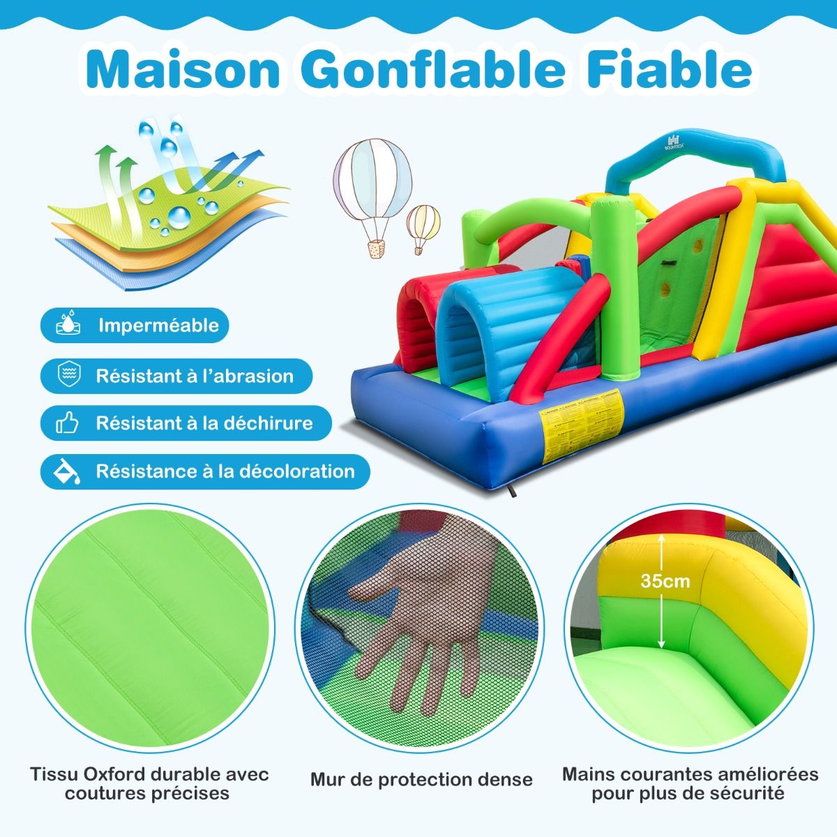 Château Gonflable pour 4 Enfants avec 2 Toboggans Tunnels Zone de Rebond Escalade Obstacles Maison de Jeu avec Souffleur de 680 W