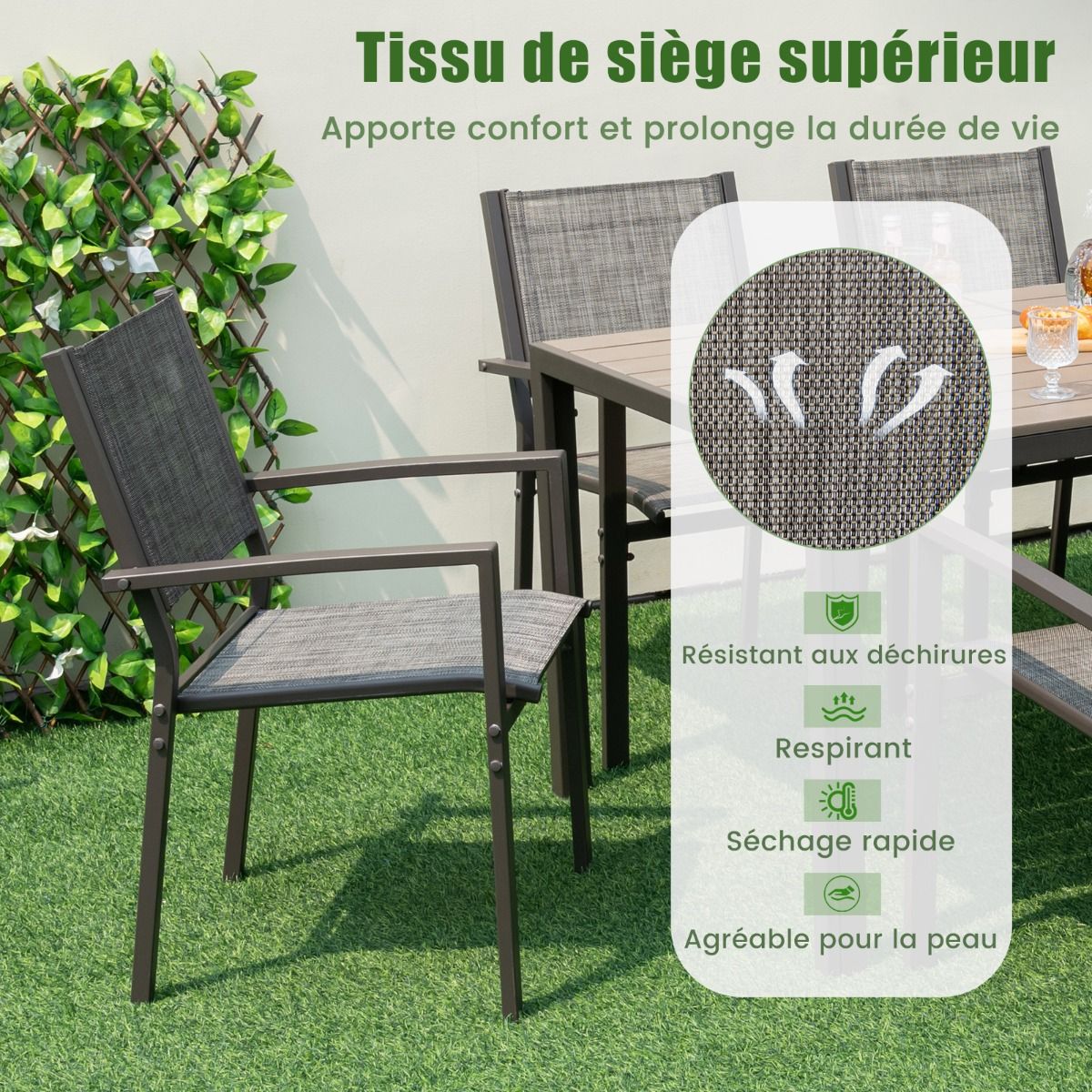 Ensemble de Meubles de Patio 7 Pièces pour 6 Personnes Salon de Jardin avec 6 Chaises Empilables et Table Rectangulaire Gris