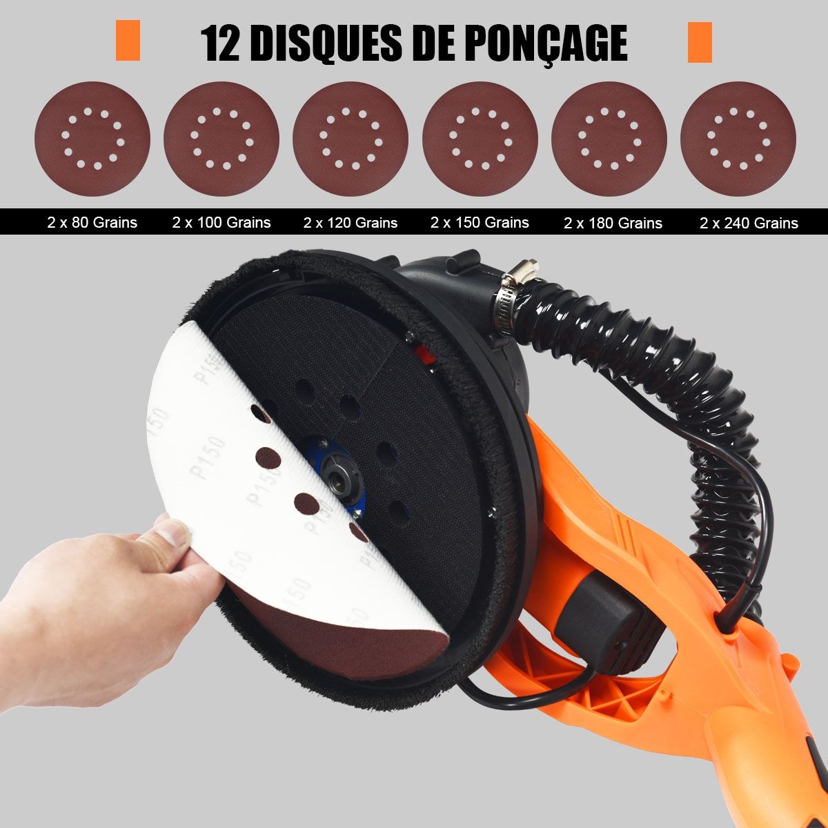 Ponceuse à Plâtre Murale 750W Ø 225mm Aluminium 6 Vitesses Variables Lumières LED Manche Télescopique 12 Disques Abrasifs
