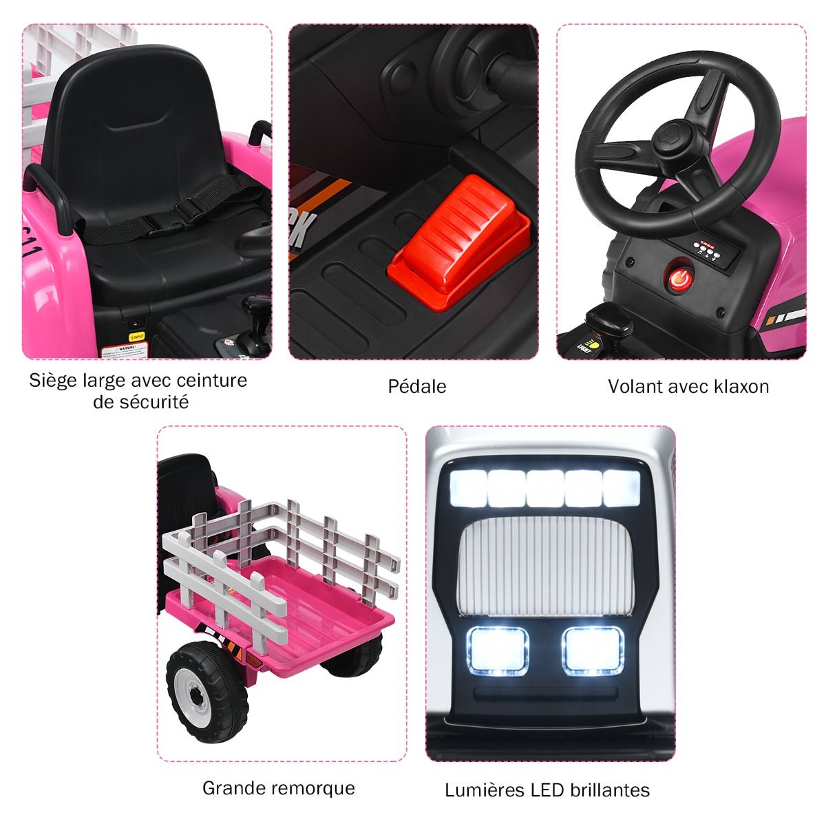 Tracteur Electrique avec Remorque pour Enfants 3 Vitesses Lumières LED Fonctions Audio USB et Bluetooth Jaune/Rose/Rouge/Vert/Vert Foncé/Noir