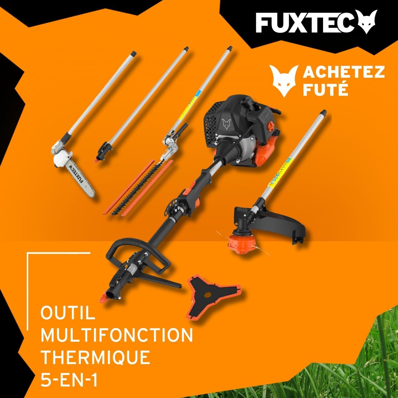 Fuxtec Débroussailleuse Thermique Multifonction 5 en 1 Multitool FX-MT152E - Easy Starter 3CV 52 cm³, Moteur 2 Temps, Élagueuse Taille Haie Coupe Bordure Avec Fil ou Lame 1 Mètre Rallonge