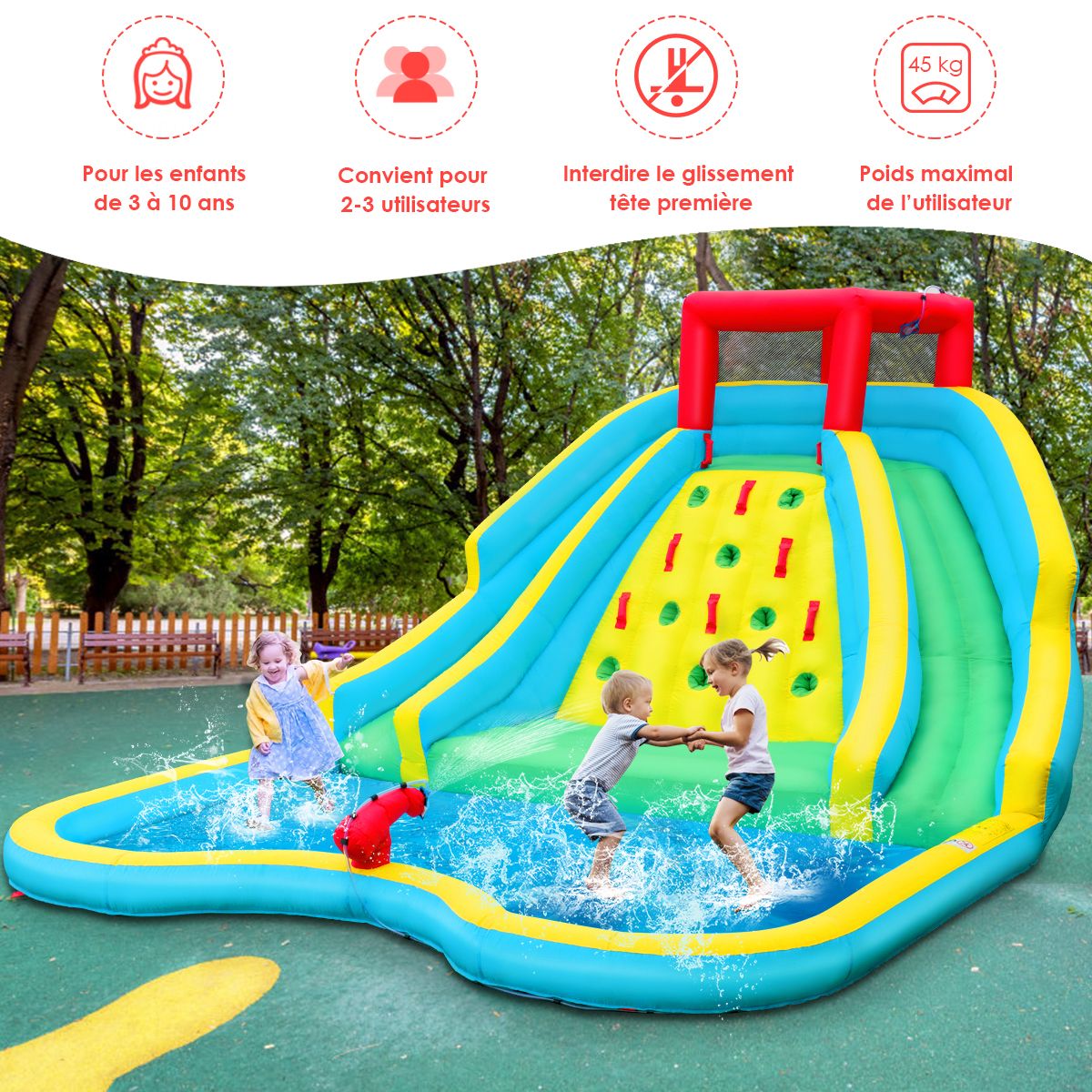 Toboggan Aquatique Gonflable 5 en 1 avec Pataugeoire Aire de Jeux Gonflable en Oxford avec Mur d'Escalade Charge 150kg pour 3-10 Ans (sans Souffleur)