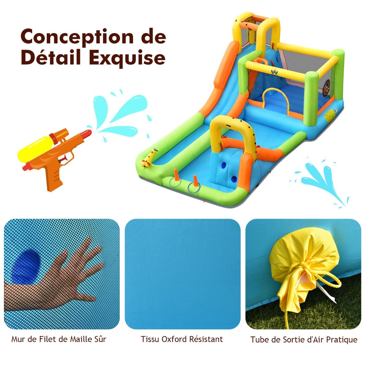 Château Gonflable 8 en 1 avec 2 Toboggans Parc Aquatique avec Maison de Saut Charge 135kg pour 3 Enfants de 3-10 Ans