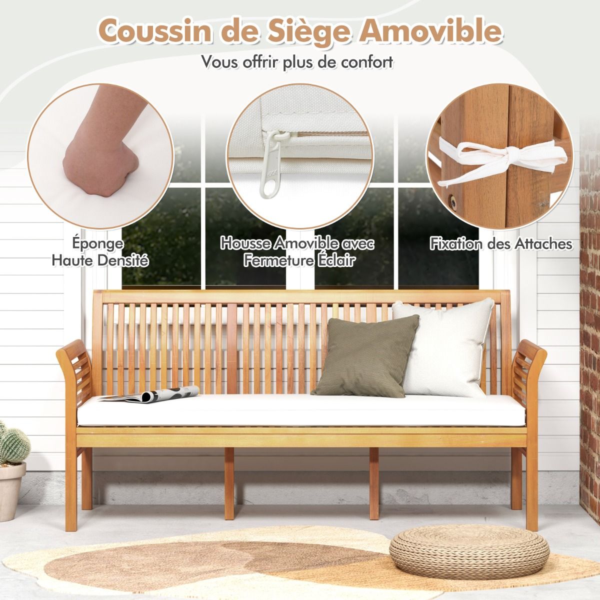 Banc de Terrasse en Bois 3 Places Banc en Acacia de 159 cm de Long avec Coussins d'Assise Doux Dossier et Accoudoirs Ergonomiques Blanc