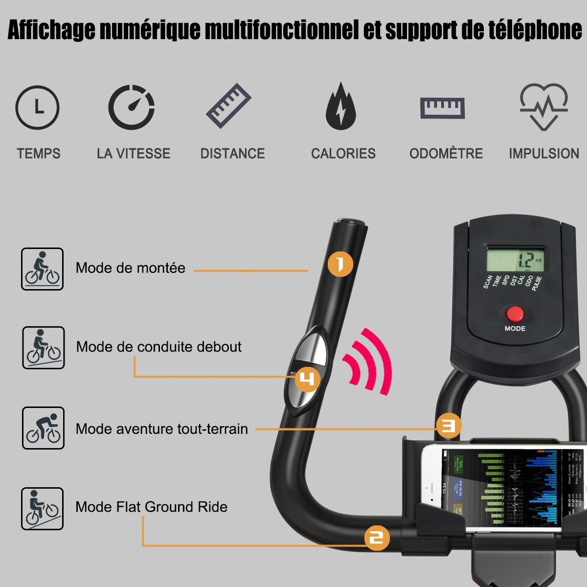 Vélo d’appartement silencieux avec roue et guidon en acier