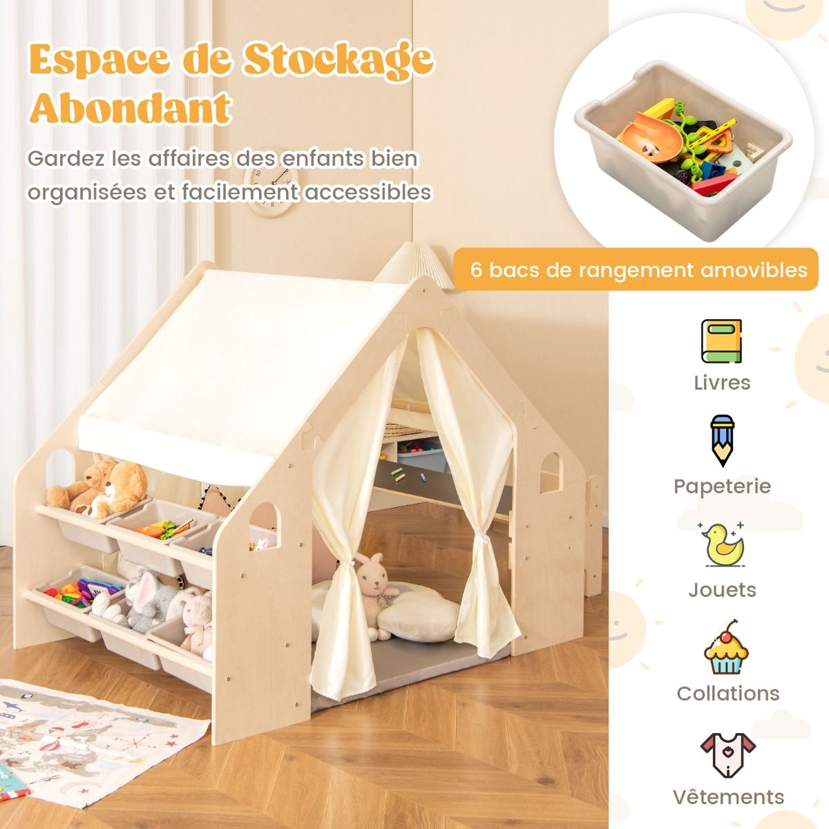 Tente de Jeu d'Intérieur en Bois pour Enfants 6 en 1 Tableau Noir Table Chaise 6 Bacs de Rangement Coussin de Sol Maison de Jeu pour 2-6 ans Beige