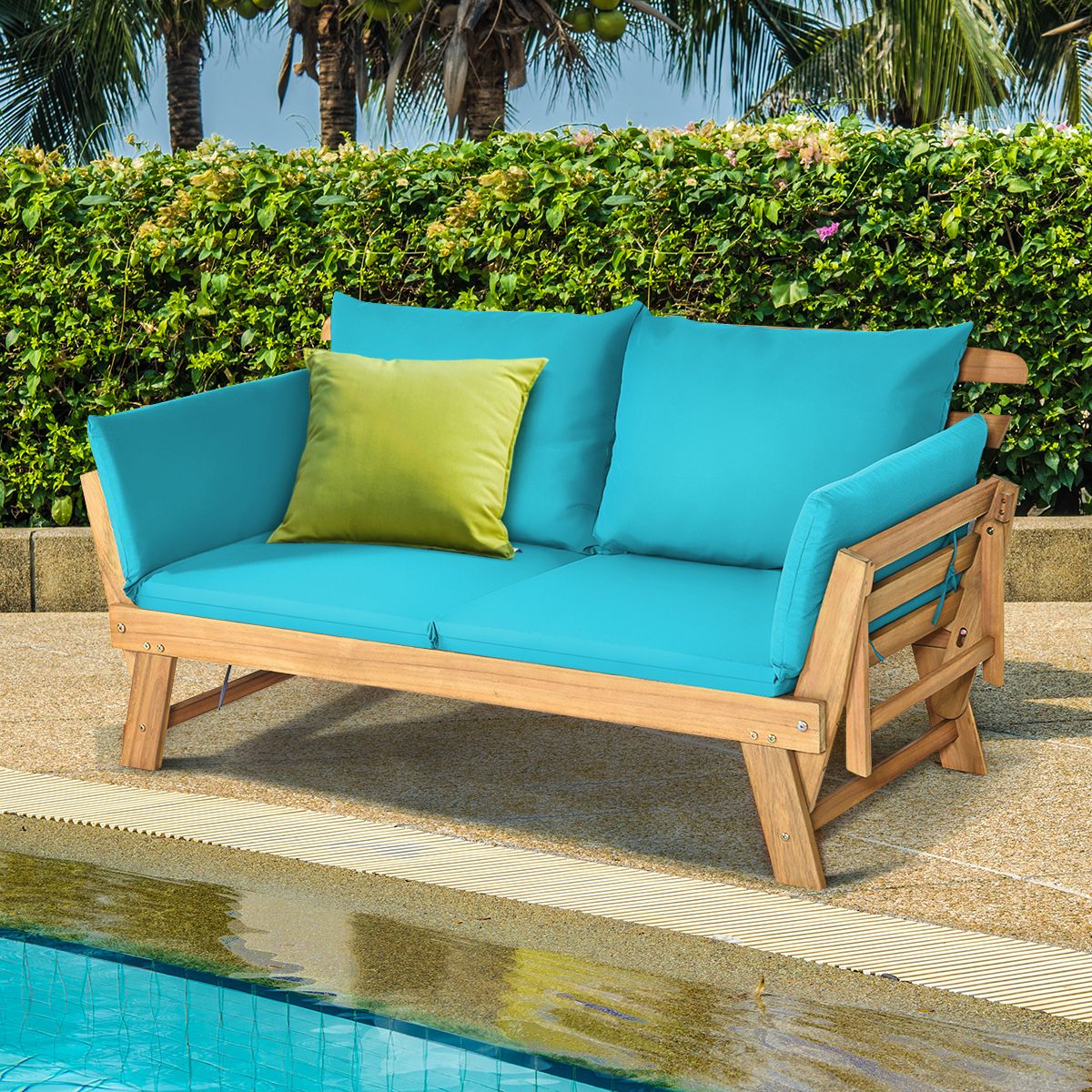 Chaise Longue Convertible avec Coussin Canapé de Jardin 2 en 1 en Bois d’Acacia avec Accoudoir Réglable pour Patio Piscine Jardin Blanc/Gris/Bleu/Rouge