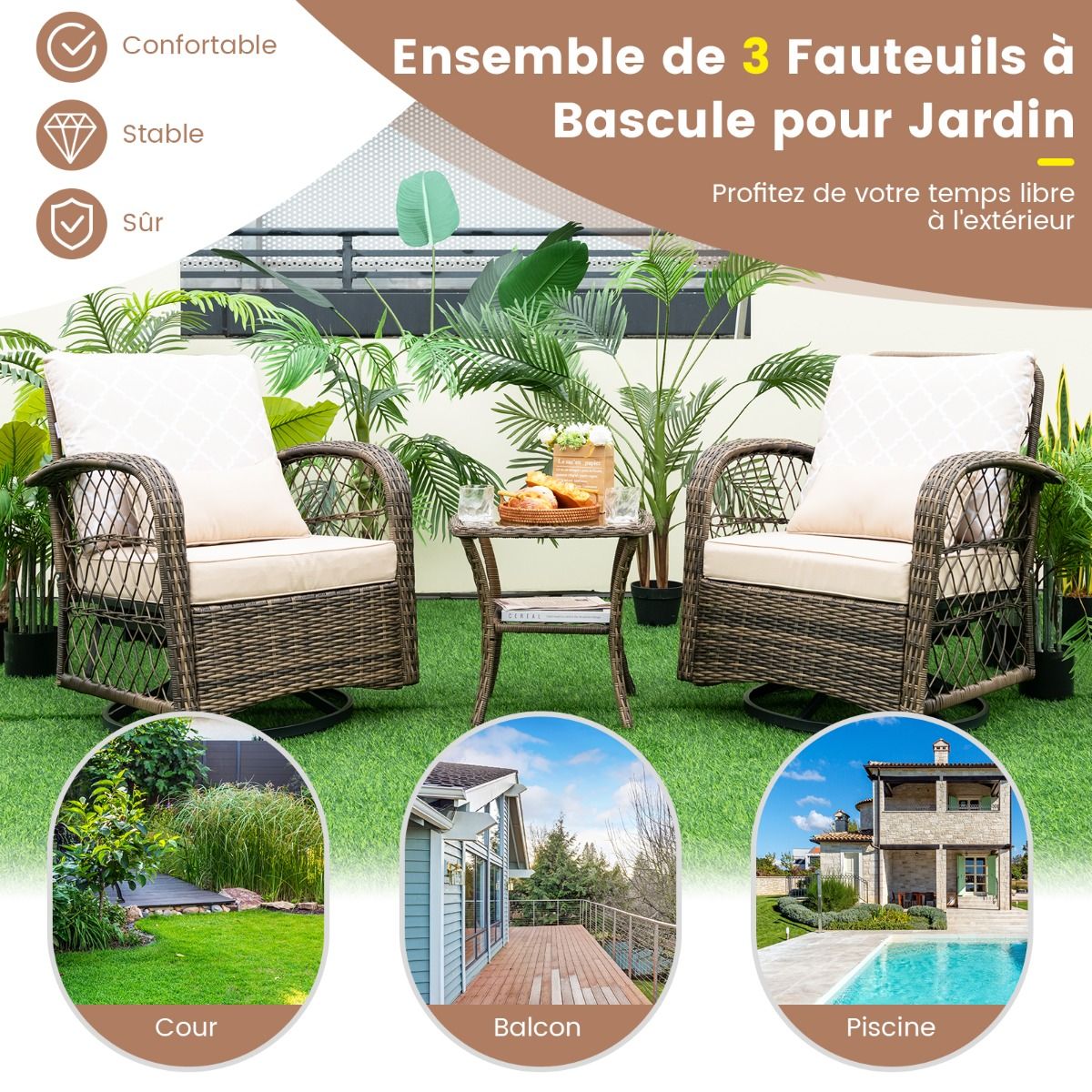 Salon de Jardin Extérieur 3PCS - 2 en Fauteuils à Bascule Pivotant à 360°Rotin PE Cadre Métal our Terrasse Balcon