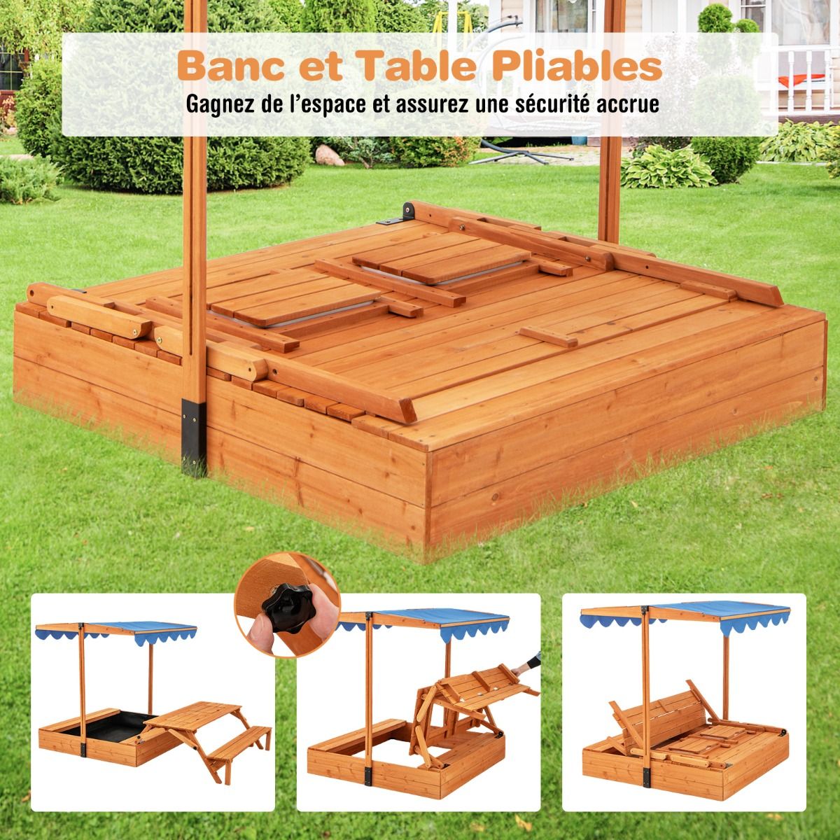 Bac à Sable en Bois pour Enfants avec Couvercle Aire de Jeux avec Table Sensorielle Pliable & Banc Parasol Ajustable pour 3+ Ans Naturel