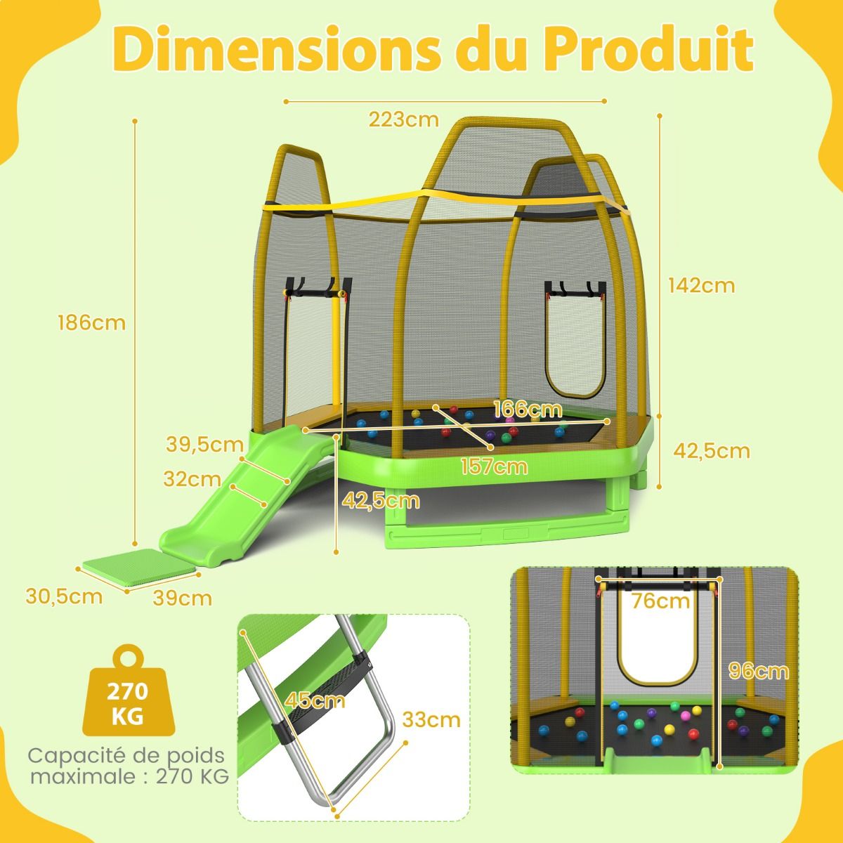 Trampoline Extérieur Ø 223cm avec Toboggan&Echelle avec Filet de Sécurité 2 Portes en U Charge 270kg pour 2-3 Enfants de 3 Ans+ Bleu/Vert