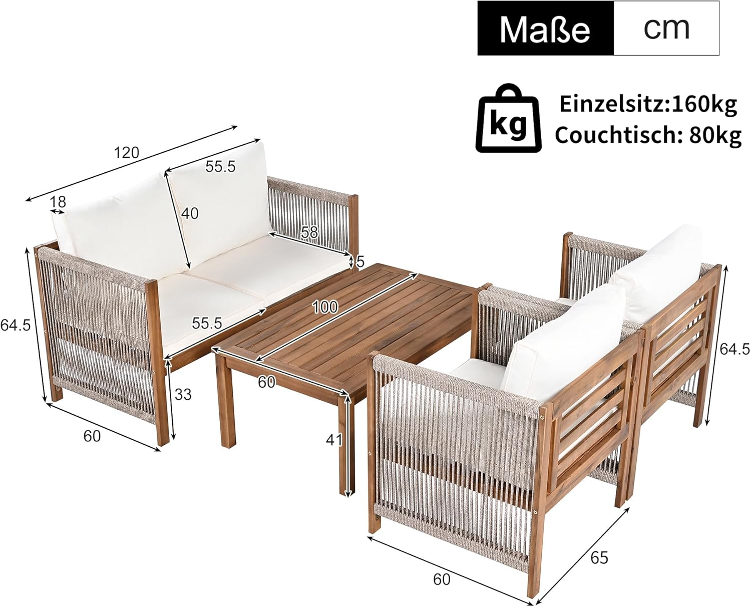 Zepneiy Salon de Jardin, Salon de Jardin 4 Personnes, avec canapé, Table Basse et Coussins, Housse en Tissu déhoussable et Lavable, Noir (Coussins d'assise Inclus)