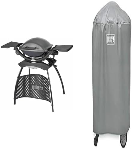Weber Q1400 Barbecue électrique avec support, surface de cuisson 43 x 32 cm, nomade, grille en fonte émaillée divisée en 2 parties, couvercle et cuve en fonte d'aluminium - Gris foncé (52020853)